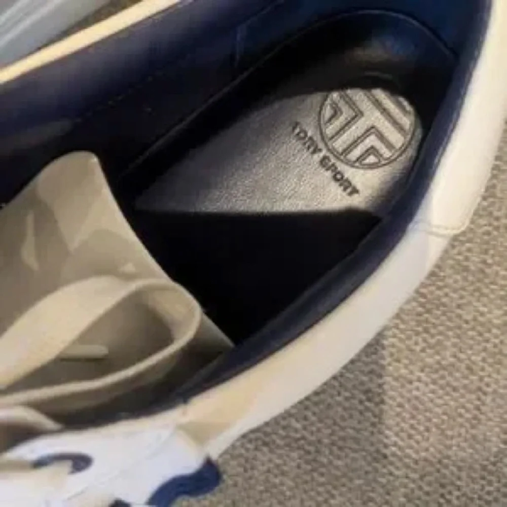 Tory Sport White Leather Sneakers with Navy Scallop Trim